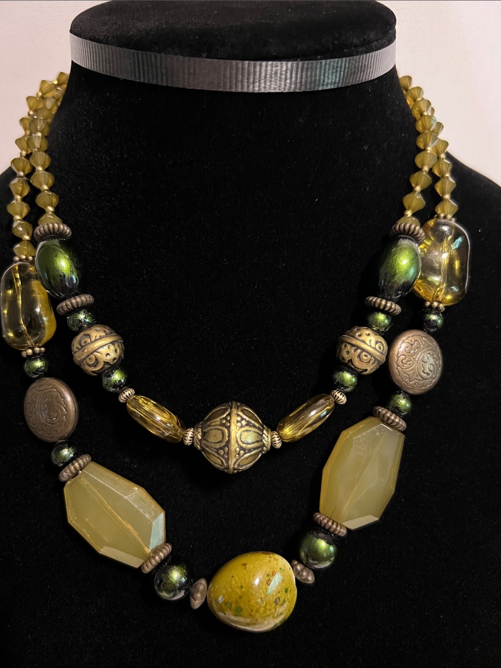 Green and Brass Beaded Double Strand Necklace Classic Fashion Jewelry